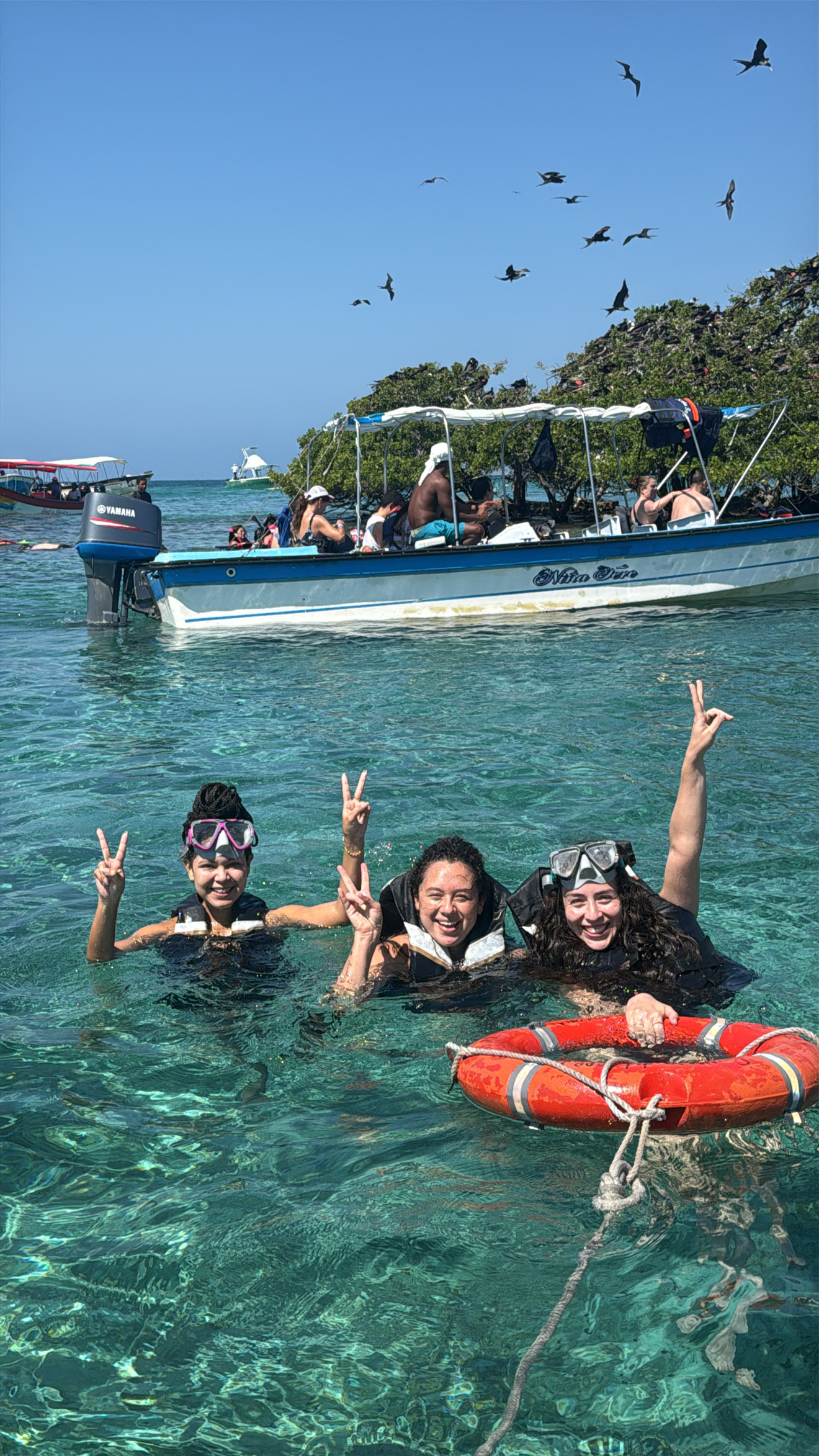 Grupo de viajeras disfrutando snorkel y mar cristalino en las Islas del Rosario